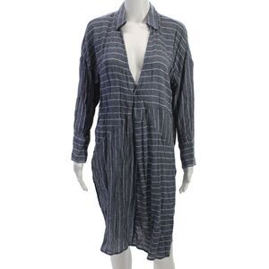 Akemi Kin Women Shirt Dress Blue Striped Collar Long Sleeve Knee Length Size S